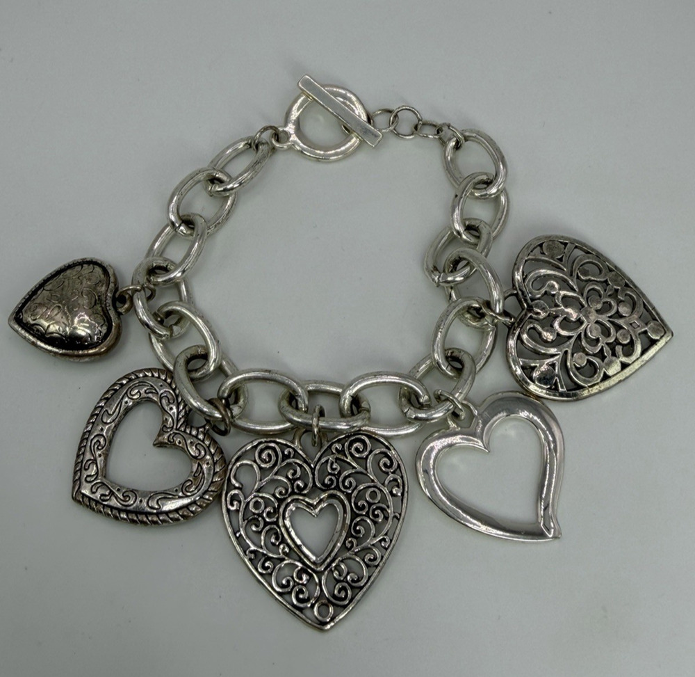 Heart Charm Bracelet Silver Tone Filigree Openwork Statement Large Maximalist